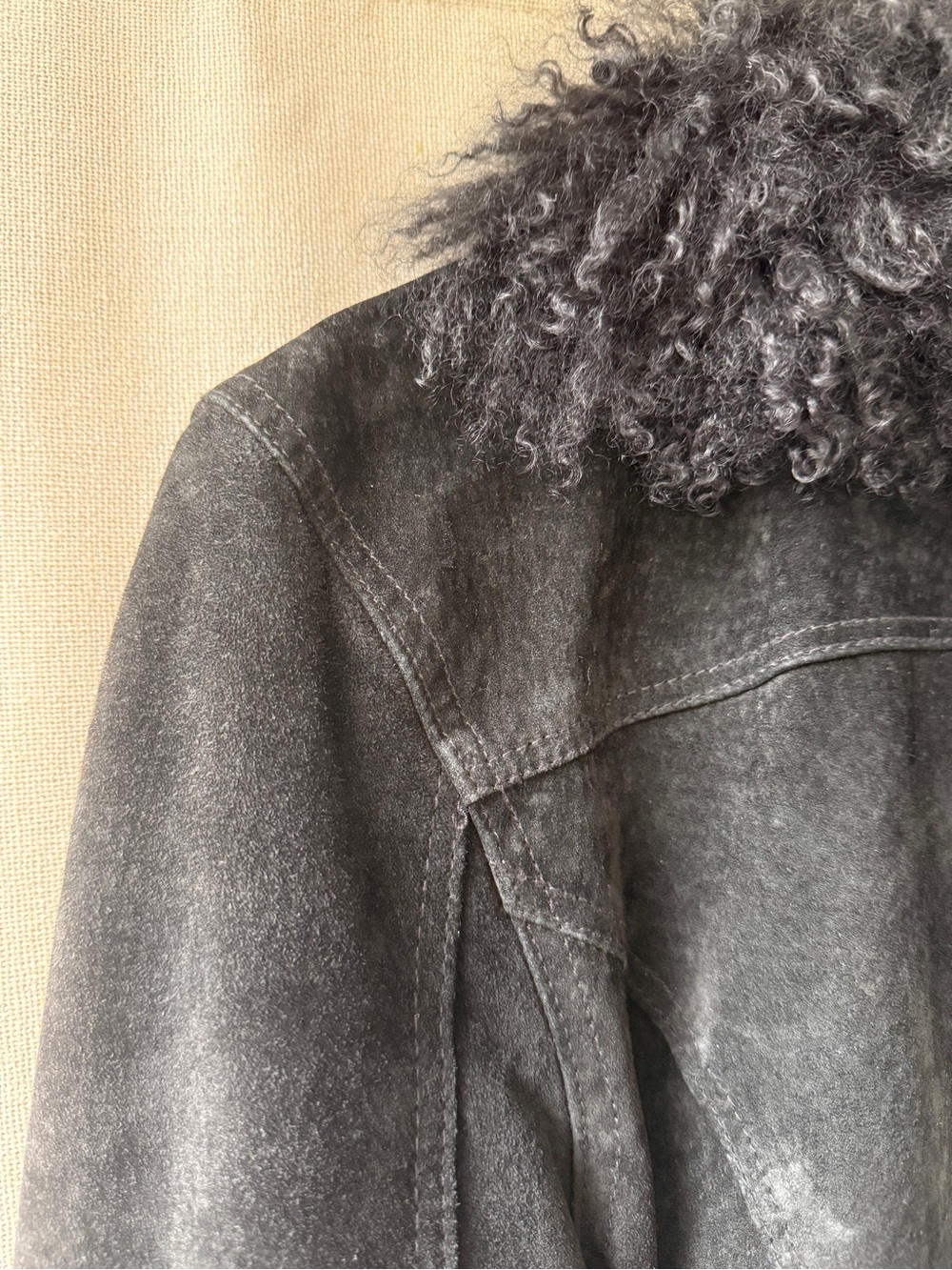 bebe Black Suede Leather Jacket with Faux Fur Trim - Picture 4 of 5